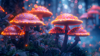 Abstraction Fantastic Mushrooms in a Clearing,
A psychedelic forest filled with magical glowing mushr