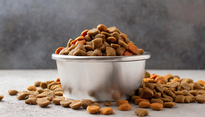 Close-up of dry pet food in metal bowl. Animal nutrition and diet. Tasty meal for dog or cat.