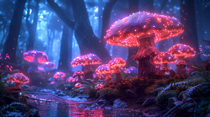 Abstraction Fantastic Mushrooms in a Clearing,
Colorful mushrooms in a dark forest
