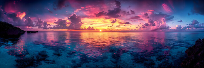 Amazing Sunset Panorama at Maldives Luxury Resortrant,
A small island in the middle of the ocean under a sky painted with multiple colors
