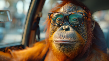An Orangutan Sits in a Car in the Front Seat,
View of funny monkey driving car

