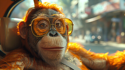 An Orangutan Sits in a Car in the Front Seat,
A funny monkey in a jacket and sunglasses sits behind the wheel of a car