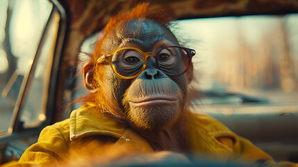 An Orangutan Sits in a Car in the Front Seat,
A funny monkey in a jacket and sunglasses sits behind the wheel of a car 
