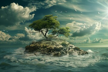 Lone tree on a small island surrounded by turbulent sea, with flying birds and cloudy skies, symbolizing resilience in adversity