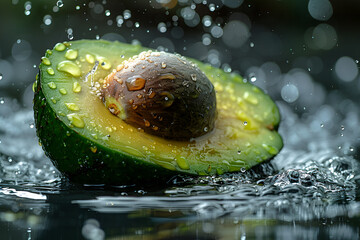 Avocado in Water on a Black Background,
A green avocado cut in half and splashes of water on a dark background
