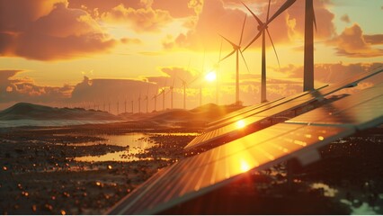 Renewable sources of solar and wind energy. Green energy concept banner design with wind turbines and solar panels at sunset