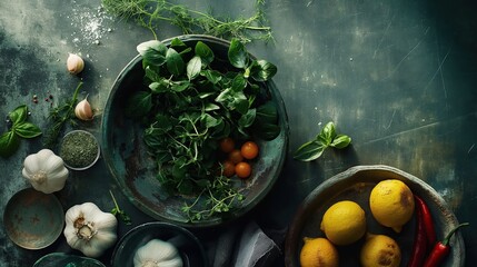 herbs , garlic and lemons