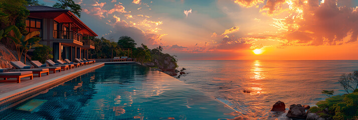 Beautiful Poolside and Sunset Sky Luxurious Tropical Setting,
A pool with a colorful sunset in the background
