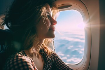 Happy caucasian woman sitting in a seat in airplane and looking out the window vacation adult reflection.