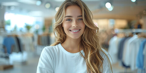 A stylish young woman shopping in a clothes store, radiating happiness with a charming smile