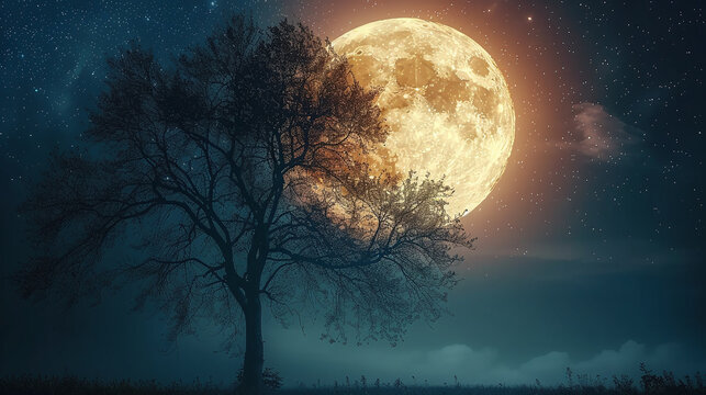  moon in the night as symbol for good sleep or dreams with the silhouette of a tree in front