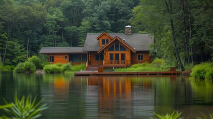 Obraz premium Rustic Log Cabin by a Serene Lake, Wooden Dock, Surrounded by Dense Forests, Perfect Escape