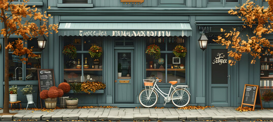 A simple illustration of a bicycle with a basket in front of a cafe