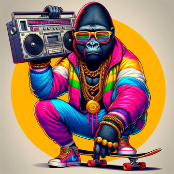 A stylish gorilla with a radio in his hands