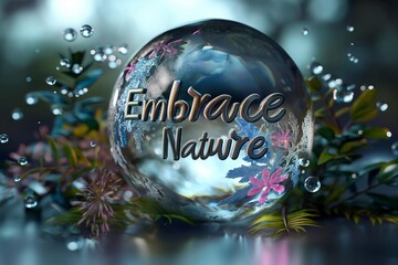 Glass orb showcasing the phrase Embrace Nature in stunning 3D text, surrounded by vibrant flora and shimmering water droplets - obrazy, fototapety, plakaty