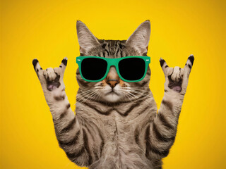 Gato gracioso con gesto de rock y gafas de sol