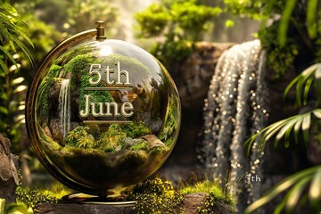 5th June intricately carved into a glass globe, set against a backdrop of lush greenery and a cascading waterfall.