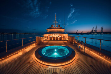 A beautiful shot of a pool on the yacht under a dark blue sky at night time