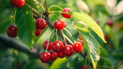Obraz premium Cluster of ripe cherries on a sunlit branch.