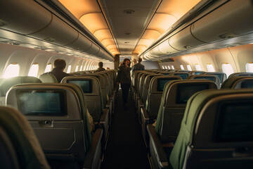 Fototapeta premium Interior of airplane with passengers on seats waiting to takeoff