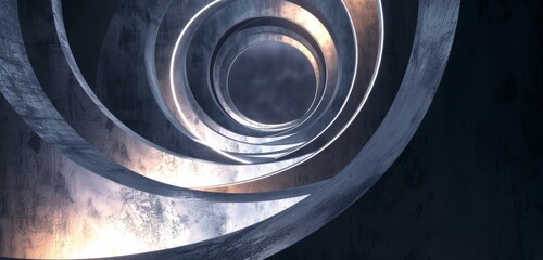 Blue light forms a spiralling tunnel in a futuristic corridor.