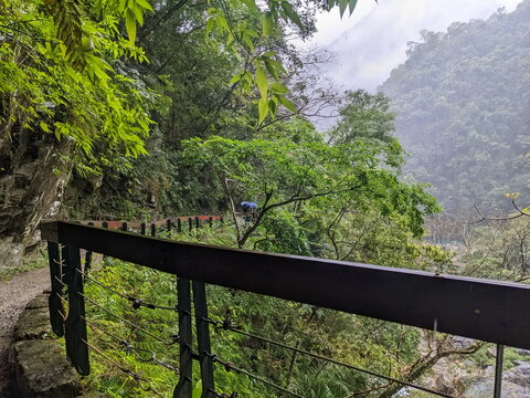 Taroko, Taiwan - 11.26.2022: A hiker walking on Shakadang Trail under an umbrella along cliffs and trees with Liwu River in the rain during the pandemic before 403 earthquake