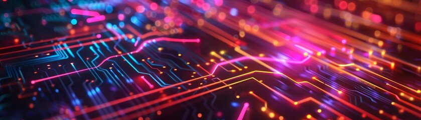 Neon lines trace the intricate pathways of a circuit board, pulsating with energy as processors compute at quantum speeds, background concept