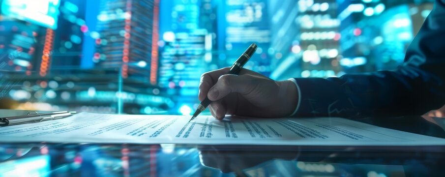 Mortgage contract document being signed in front of the futuristic business setting