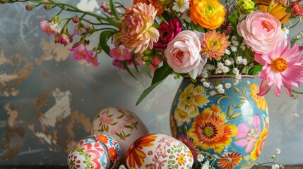 A vase filled with lots of colorful flowers next to two decorated eggs.