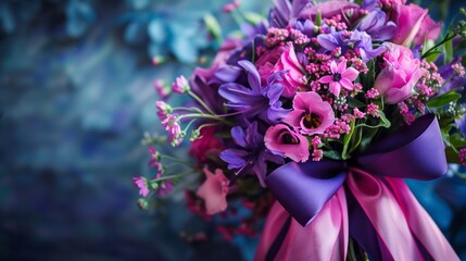 Bouquet of Purple Flowers With Pink Ribbon.