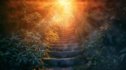 Close-up on a glowing stairway to heaven, a path of light and spirituality, offering solace and reflection.