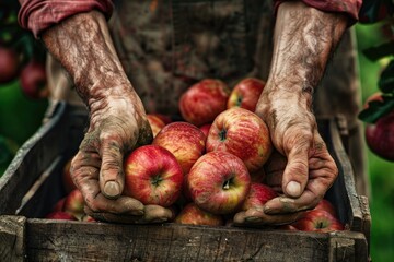 A man is holding a crate full of apples. The apples are red and shiny. The man's hands are covered in dirt and sweat. Concept of hard work and dedication to the task of harvesting apples