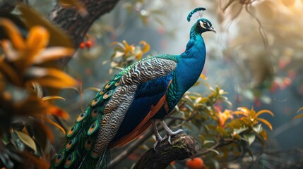 Majestic Peacock Perched on Tree.