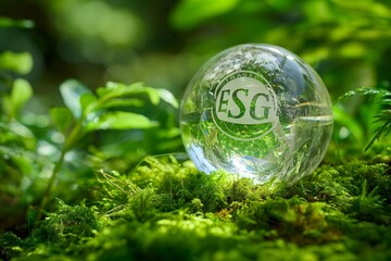 Crystal globe adorned with ESG emblem resting on vibrant moss, representing harmony with nature for a sustainable world.