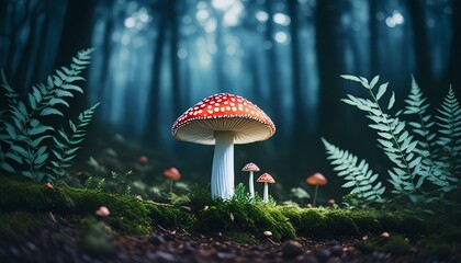 fly agaric mushrooms in the woods - obrazy, fototapety, plakaty
