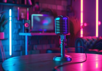 a microphone on a table - obrazy, fototapety, plakaty