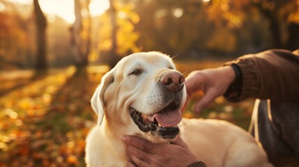 Man stroking his old dog. Loyal labrador retriever enjoying autumn sunny day with his owner. Happy dog with his owner. Pet concept.