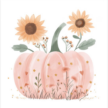 Isolated pink pumpkin with sunflowers and leaves cute and whimsical