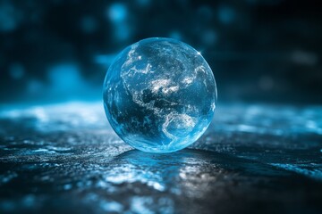 Earth's fragile beauty encapsulated in a glass sphere illuminated by ethereal blue light
