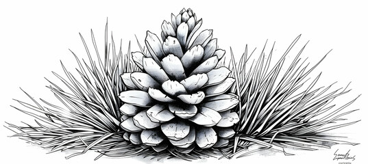 A simple line art of a pine cone on a bed of needles