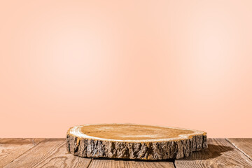  Slice wooden podium round saw cut of a tree on a peach orange gradient background. Still life for the presentation of products. palm shadows. Copy space.