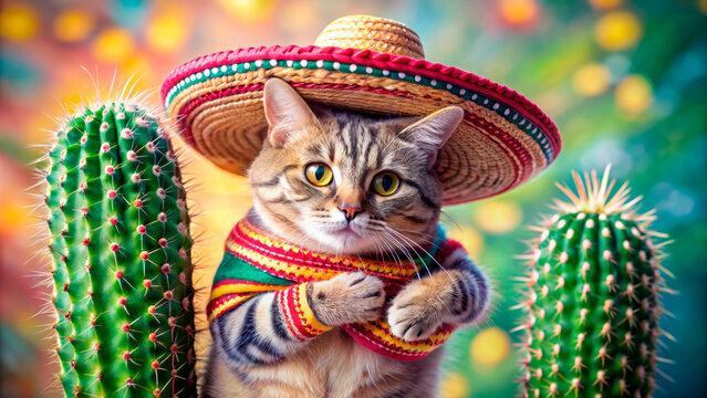 Cat in sombrero on the background of cacti