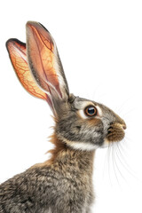 Fototapeta premium A brown and white rabbit stands with a leaf on its back in a grassy field