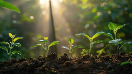 Young green plant growing on fresh soil with sunrays in the background created with Generative AI
