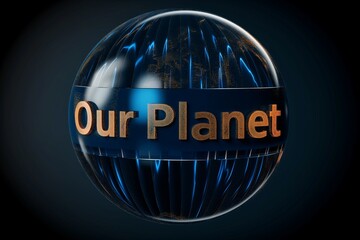 Exquisite glass sphere adorned with the words Our Planet in flawless 3D text, capturing the essence of Earth in