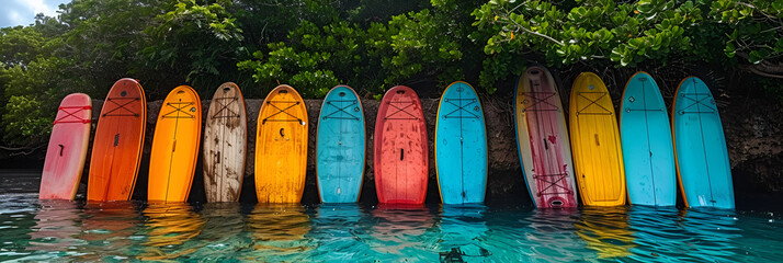 Colorful Paddleboards by the Water's Edge ,
An adventurous surfing school with colorful boards lining the shore
