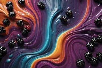 Vibrant Fruit Explosion: An abstract piece of art depicting fresh fruit in a dynamic blend of colors, ideal for beverage advertising, designed for marketers and creatives, presented at an angle