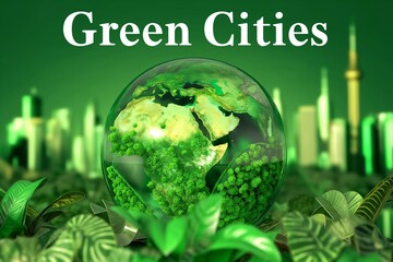 Green Cities in bold 3D text floating above a transparent glass globe filled with lush greenery.