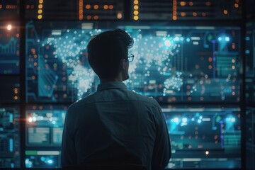 IT expert in data center manages information flow, enhancing system security.