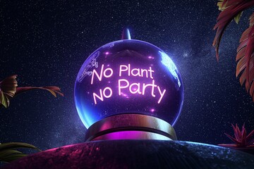 Illuminated No Plant No Party in vibrant 3D text on a glass globe against a starry night sky.